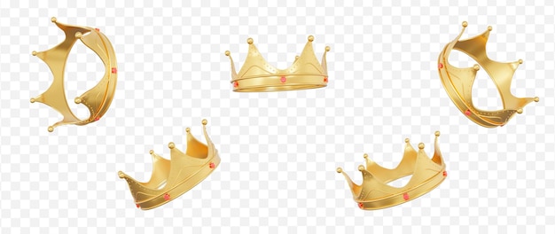 PSD 3d set royal golden crown with red diamonds isolated on white background textured king crown icon