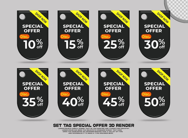 PSD 3d set tag offerta speciale vendita sconto promozione variazione di colore nero