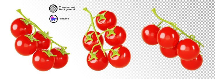 PSD 3d набор помидоров вишня на ветви в разных углах рендеринга икона изолированный красный созревший томат пучок с зеленым стеблем органический овощ естественная ферма еда салат или кетчуп ингредиент