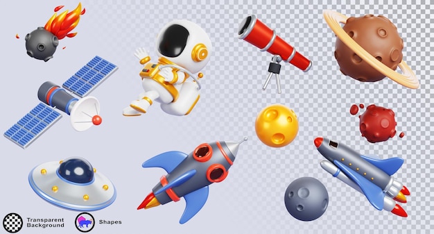 3d set van cartoon ruimte objecten astronaut raket planeten buitenaardse ufo ruimteschip telescoop meteoriet met vuur geïsoleerd render icoon leuke ruimtevaarder vliegende schotel en rots asteroïden