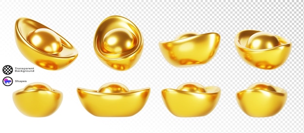 3d set van Chinese goud yuan bao ingot in verschillende hoeken Aziatische gouden metaal nugget sycee cny valuta geld contant geïsoleerd render ikon rijkdom symbool voor oosterse nieuwjaarsontwerp