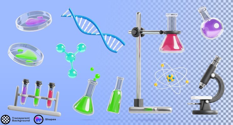 PSD 3d-set van wetenschappelijke iconen en chemische laboratoriumapparatuur render lab microscoop glazen kolven met kleur vloeibare testbuis rack houder beker dna water molecuul atoom structuur