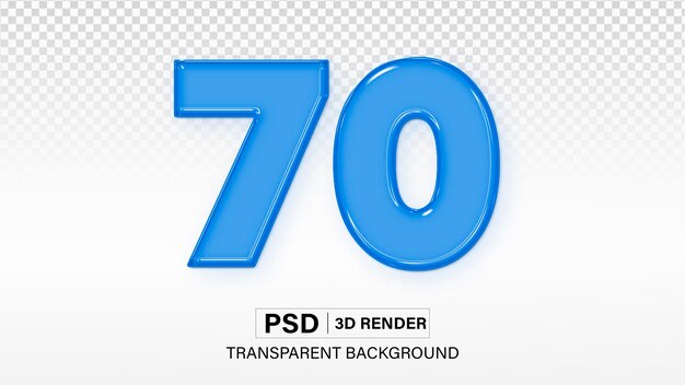 3d Seventy Number 70 Blue glass effect isolated on transparent background