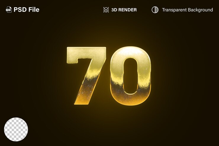 3d Seventy Number 70 golden effect isolated on transparent background