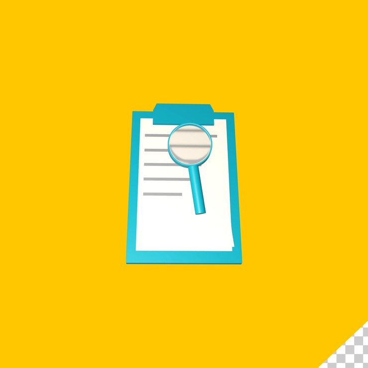 PSD 3d shape of scanner board and magnifying glass on yellow background