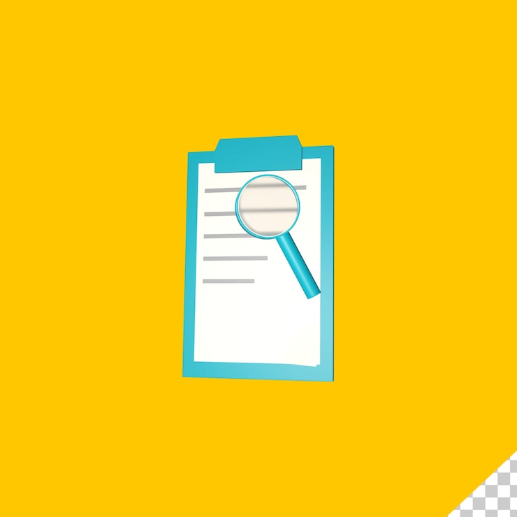 PSD 3d shape of scanner board and magnifying glass on yellow background