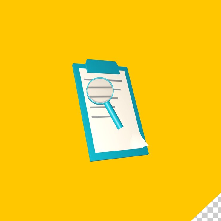 PSD 3d shape of scanner board and magnifying glass on yellow background