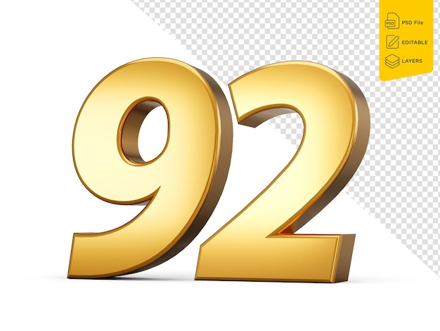 3d Shiny Gold Number 92 Ninety Two 3d Gold Number On Isolated Background 3d illustration