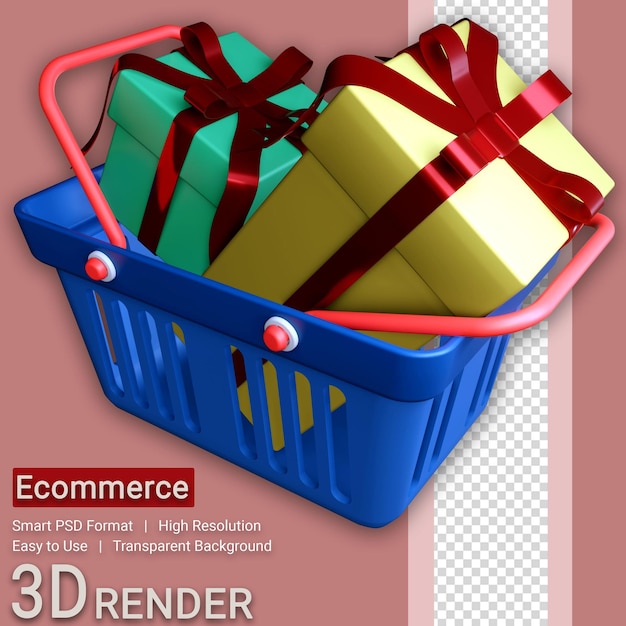 3d shopping basket cadeau illustratie geïsoleerd met transparante achtergrond