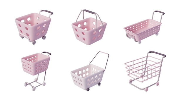 PSD carrello 3d in colore rosa simpatico paniere supermercato colore rosa rendering 3d