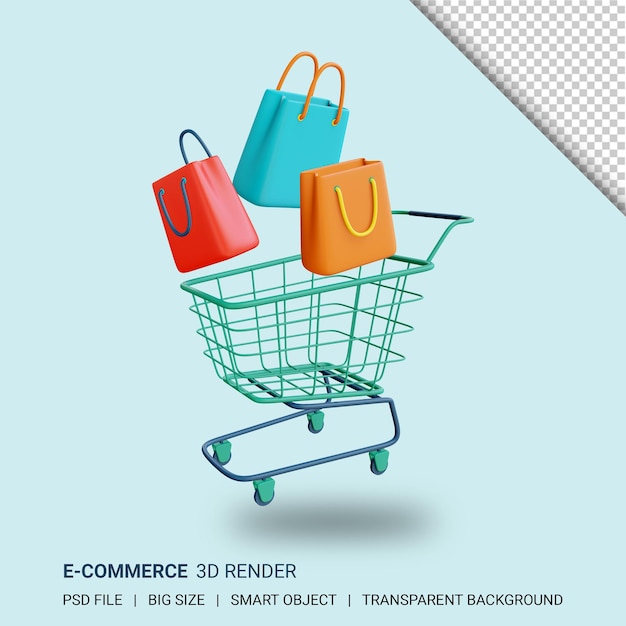 PSD 3d shopping cart and shopping bags