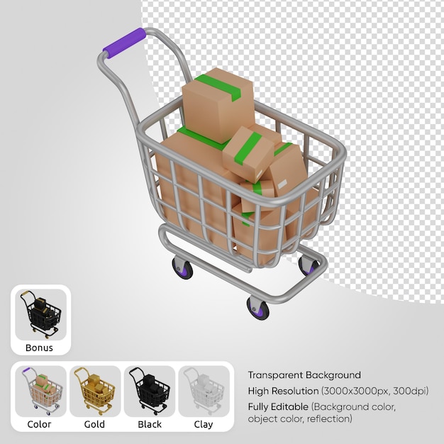 PSD 3d shopping cart with cartboard boxes