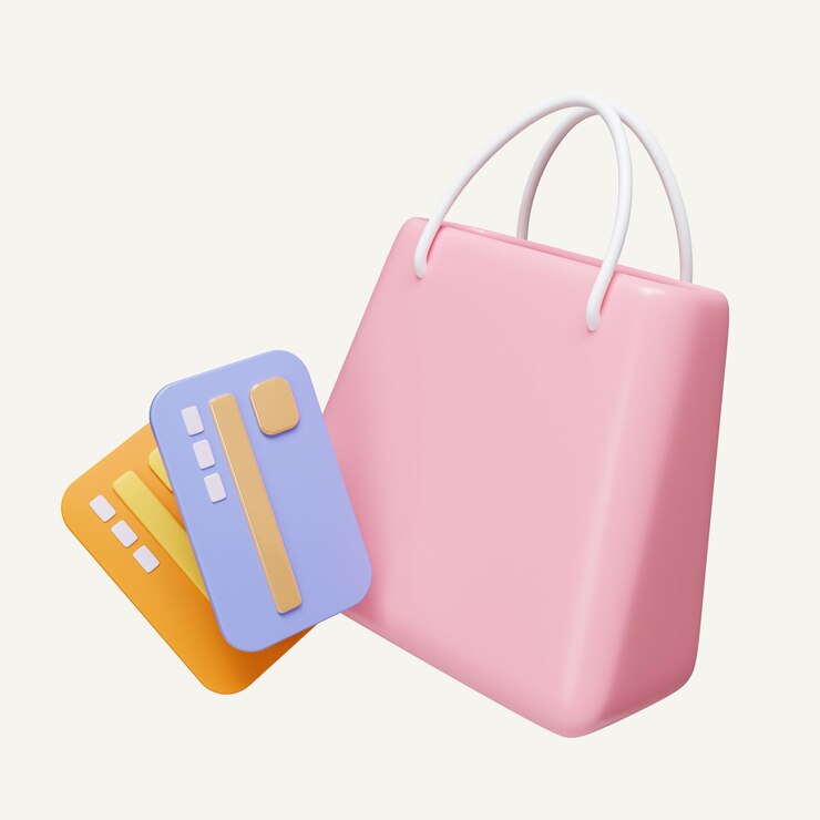PSD 3d shopping paper bag credit card electronic payment concept credit card paying icon isolated on white background 3d rendering illustration clipping path