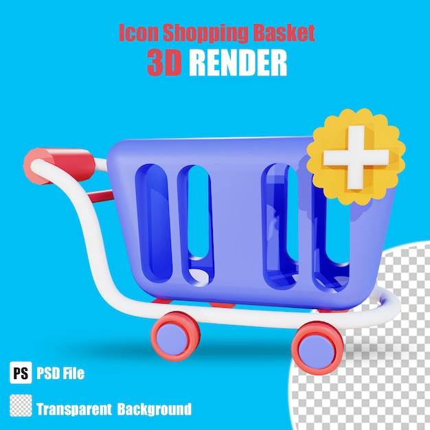 3d shopping shopping plus basket icon with trasparent background