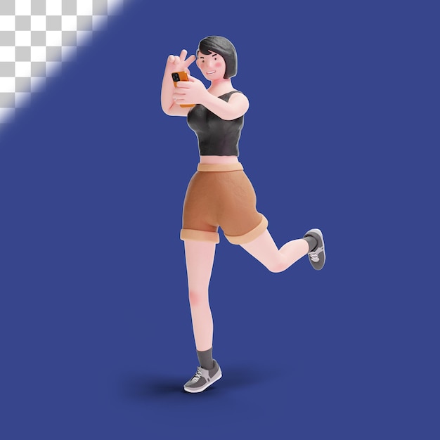 PSD Девушка с короткой стрижкой в 3d, используя селфи с жестом руки мира