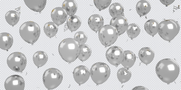 3d серебряные воздушные шары конфетти, плавающие, которые изолированы для макета фона с днем рождения