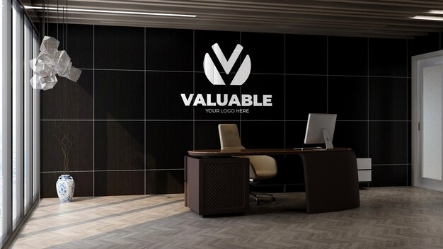 Logo 3d argento mockup nel muro del manager dell'ufficio