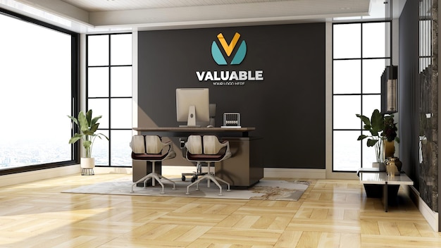 Logo 3d argento mockup nel muro del manager dell'ufficio