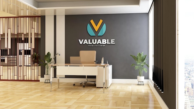 Logo 3d argento mockup nel muro del manager dell'ufficio