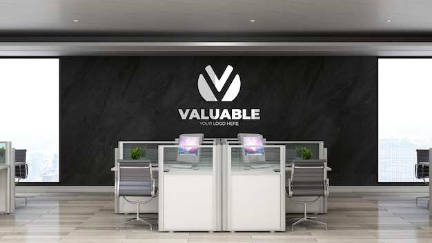 3d silver realistic company logo mockup in office workspace or workplace