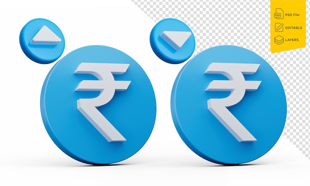 PSD 3d 간단한 파란색 인도 루피 동전 증가 감소 아이콘 백색 배경에 3d 일러스트레이션