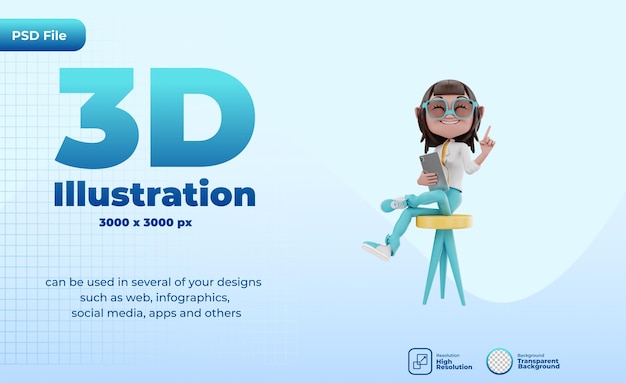 3d seduto su una sedia e con in mano un tablet