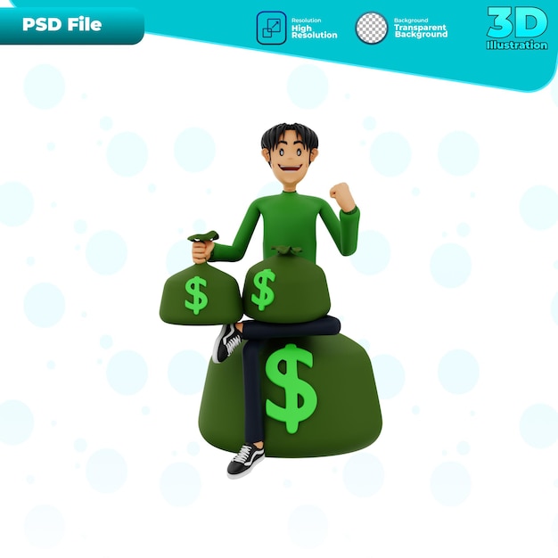 PSD 3d seduto e tenendo la borsa dei soldi