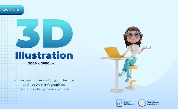 3D сидит с ноутбуком за столом