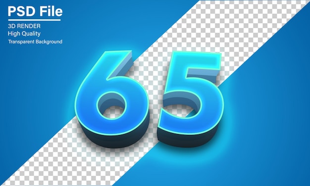 3d Sixty Five Number 65 Blue neon isolated on transparent background