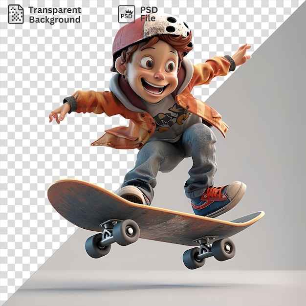 Cartone animato di skateboarder 3d che fa un trucco che sfida la gravità