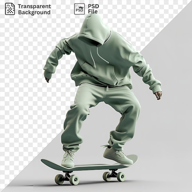 PSD 3d skateboarder executing a trick on a black skateboard with white wheels wearing gray pants and extending his arm for balance