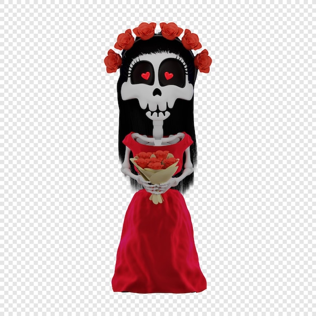 3d-skelet calavera katrina in een rode jurk het concept van de el dia de muertos-vakantie