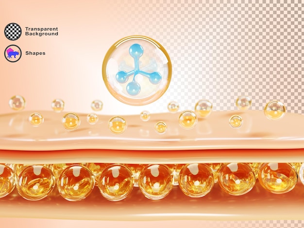 3d skin cell structure with collagen serum drops and water molecule render Epidermis layer with adipose tissue and liquid cosmetic oil bubbles Face and body moisture essence care