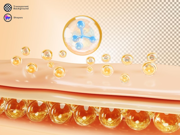 3d skin cell structure with water molecule and gold oil drops render background Epidermis layer with fatty tissue and beauty care collagen serum liquid clear hyaluronic acid bubbles