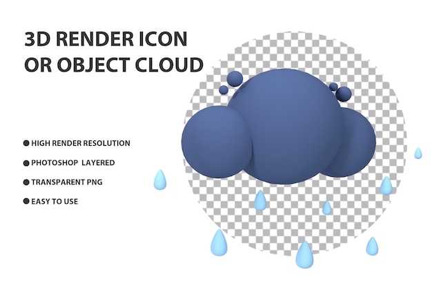 PSD 3d śliczna chmura ikona z deszczową, pochmurną i deszczową pogodą