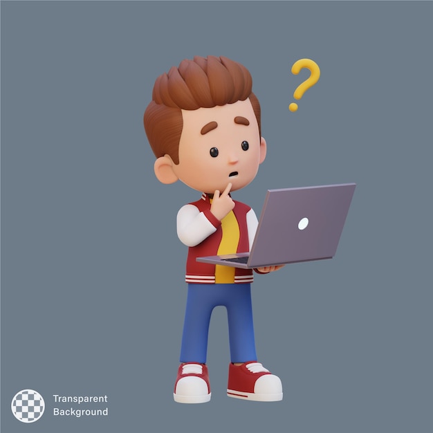 3D słodki dziecięcy bohater zdezorientowany na laptopie
