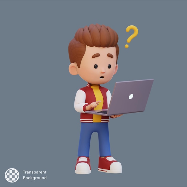 3D słodki dziecięcy bohater zdezorientowany na laptopie