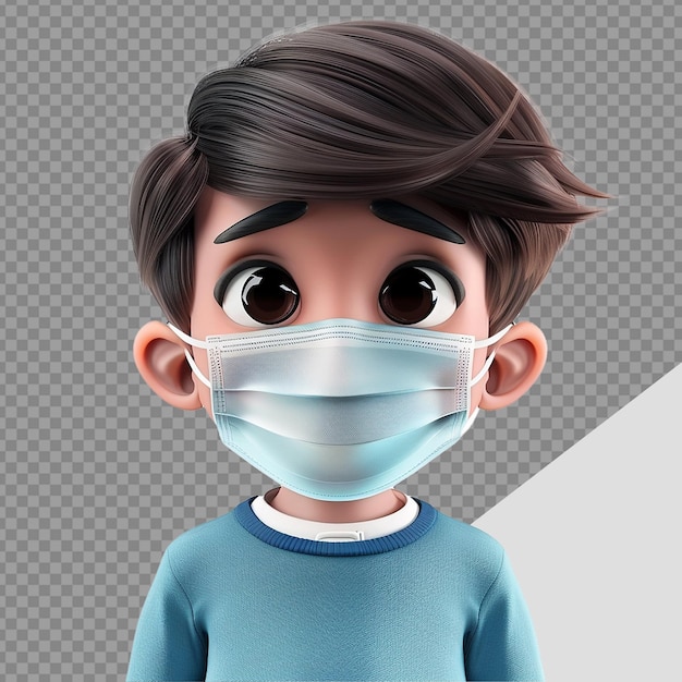 3d small boy wear face mask png isolated on transparent background