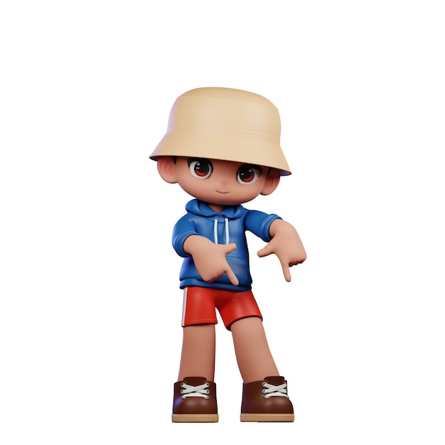 3d Small Figure of a Boy in a Blue Shirt and Red Shorts Pointing Down Pose