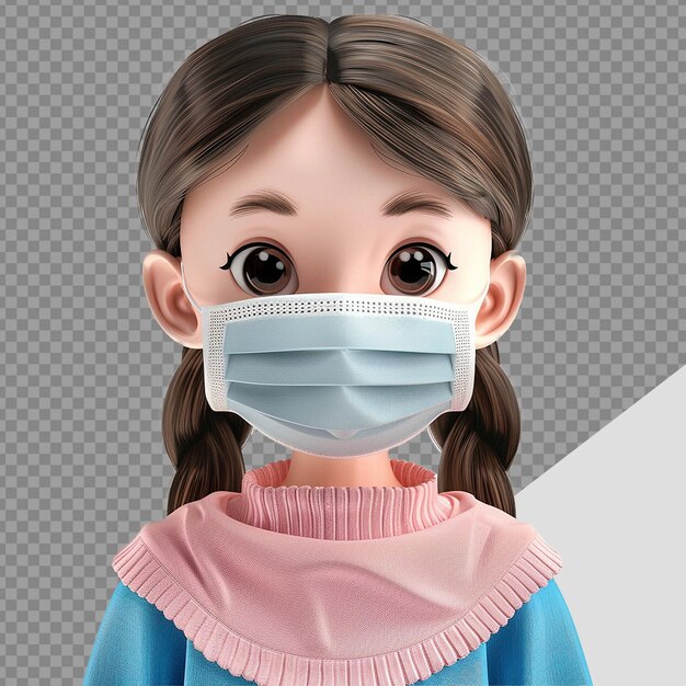 PSD 3d small girl wear face mask png isolated on transparent background