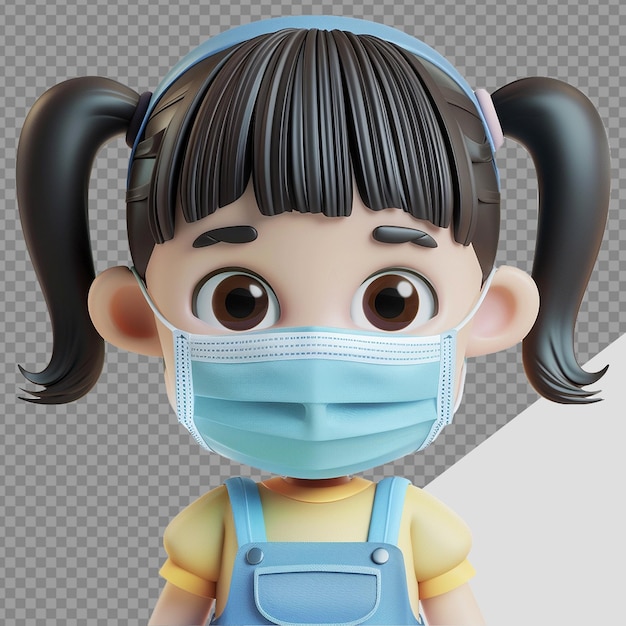 3d small girl wear face mask png isolated on transparent background