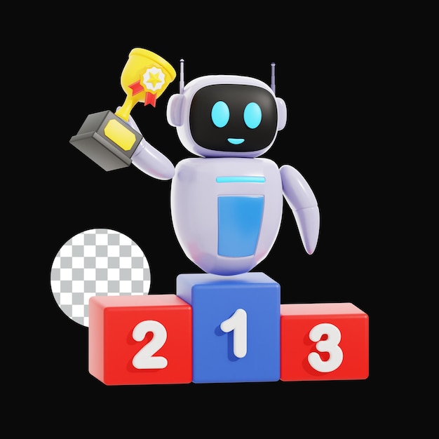 3D SMART ROBOT LEARNING WITH TROPHY ON STAGE ILLUSTRATION (Uczenie się inteligentnych robotów w 3D z trofeum na scenie)