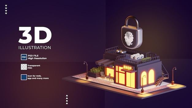 PSD 3 d のスマート ショップの建物のロック