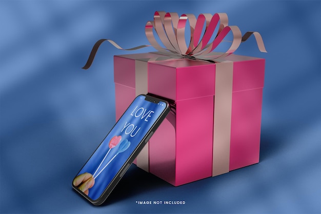 PSD mockup di smartphone e confezione regalo 3d