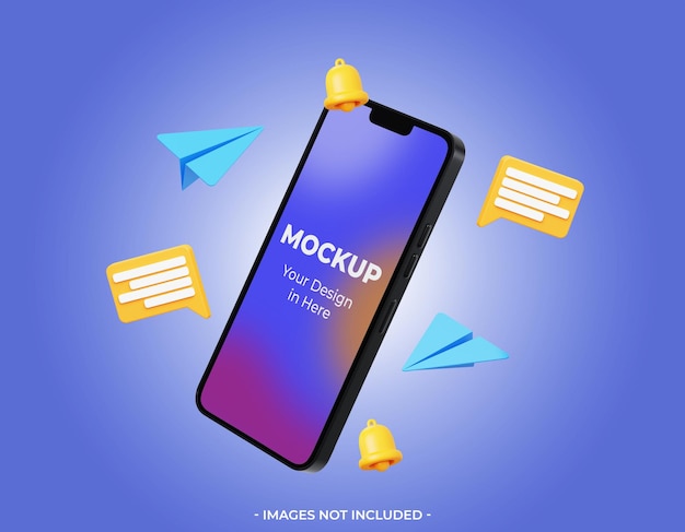 チャットとベルのアイコンが付いた3dスマートフォンのモックアップ