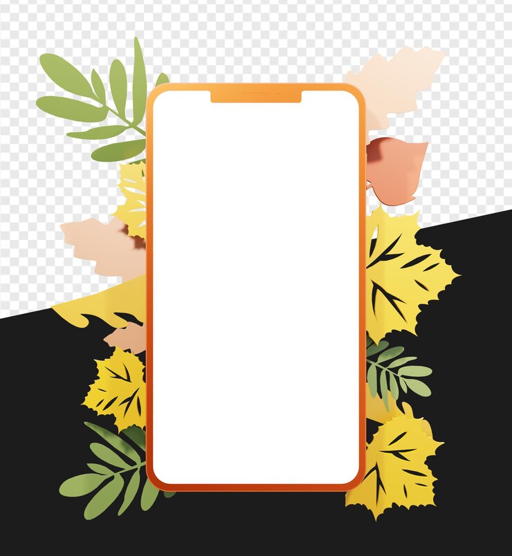 PSD 3d smartphone silhouette with leaf or flower illustration for autumn seasons isolated