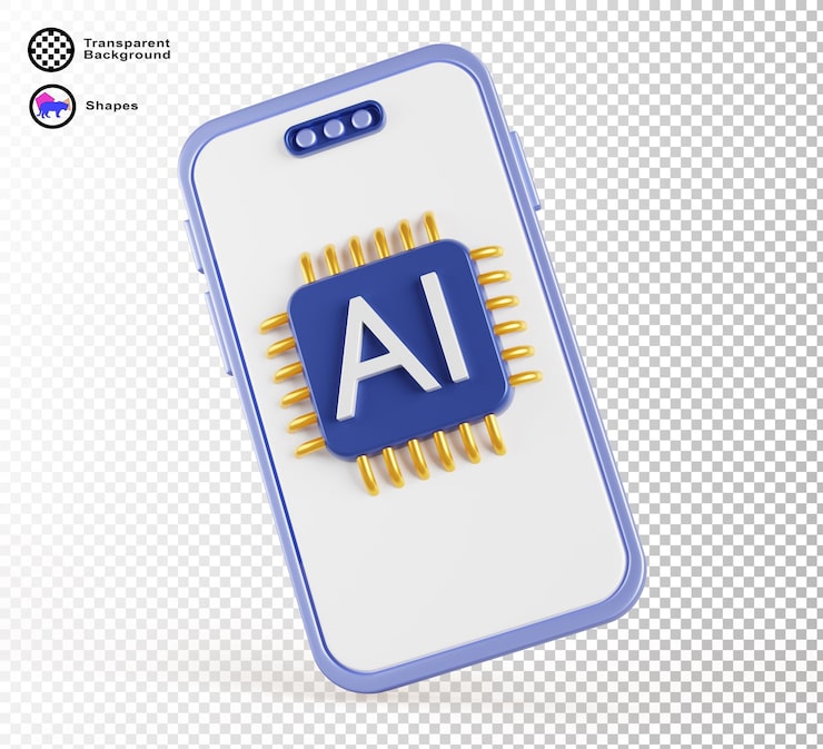 PSD 화면 렌더링에 ai  아이콘이 있는 3d 스마트폰, 인공지능 프로세서 (gpu) 를 갖춘 휴대전화, 러닝 분석, 컴퓨팅, 데이터 전송 및 저장 인터페이스