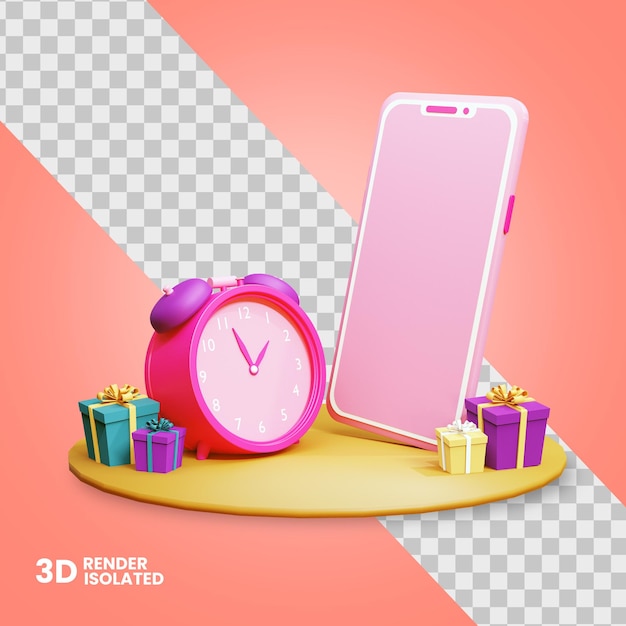 Smartphone 3d con icona orologio e confezione regalo per negozio online isolato