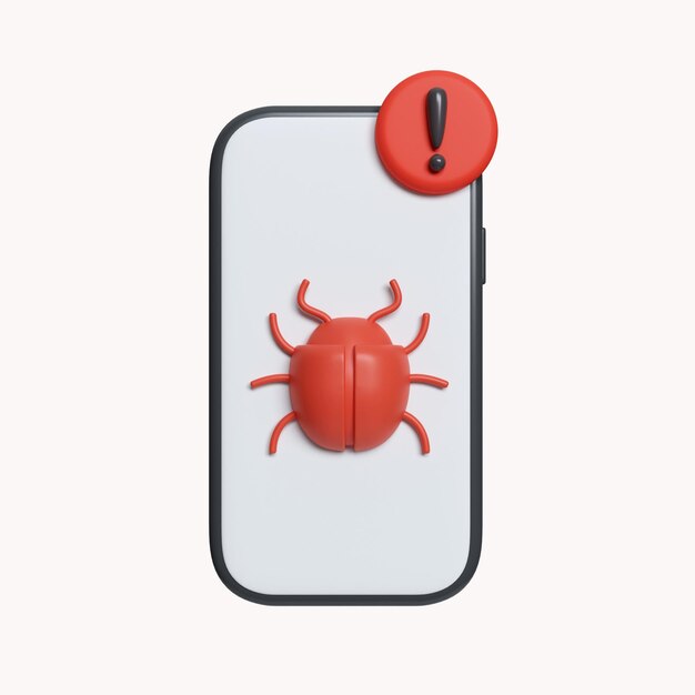 PSD 3d smartphone with virus bug data protection or digital online security concept icon isolated on white background 3d rendering illustration clipping path