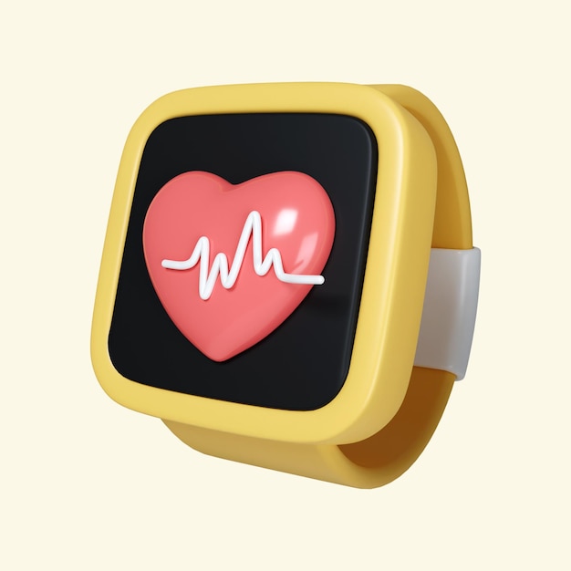 Smartwatch 3d e linea cardiaca inventario di fitness o accessori da palestra in colori alla moda icona isolata su sfondo giallo illustrazione di rendering 3d percorso di ritaglio